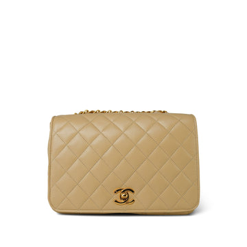 Light Beige leather Quilted Full Flap Bag Gold Hardware