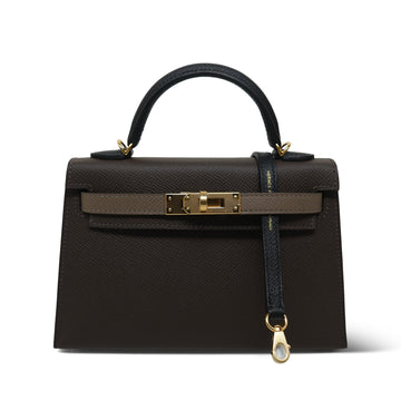 Mini Kelly Sellier Tri-Color Ecorce Etoupe Black leather Permabrass Plated B Stamp