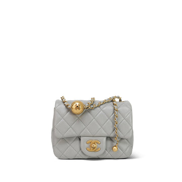 Grey leather Quilted Pearl Crush Mini Square Flap Aged Gold Hardware