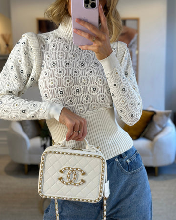 Chanel White Medium CC Filigree Vanity Case Bag in Shiny Leather Leather with Brushed Gold Hardware and Chain Detail