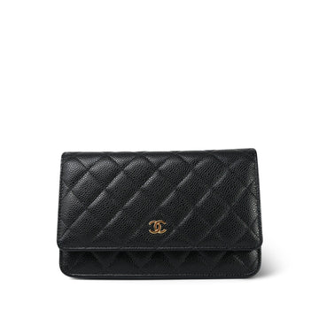 Black leather Quilted Wallet on Chain WOC GHW