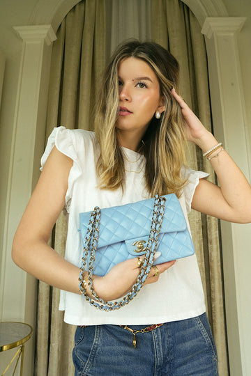 21C Sky Blue leather Quilted Classic Flap Small Light Gold Hardware