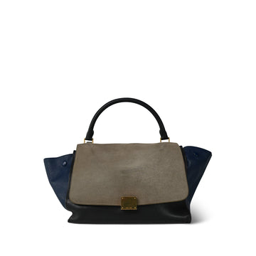 Celine Tri-Color Navy/Black leather Grey Suede Trapeze Medium GHW