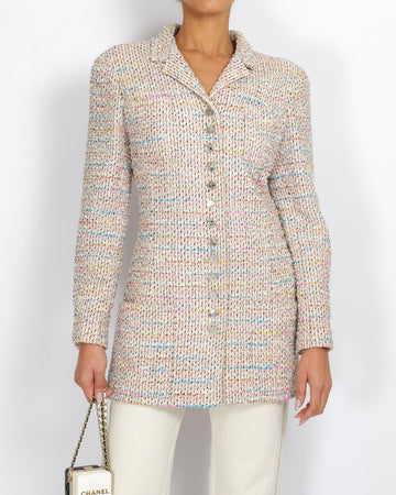 Chanel Vintage 96P Pink and Multi-Colour Tweed Long Jacket with Silver CC Logo Buttons Size FR 44 (UK 16)