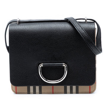 D-Ring Shoulder Bag Leather with Vintage Check Canvas Medium