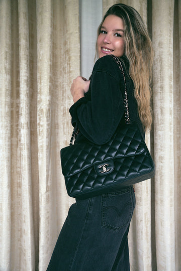 Black leather Quilted Jumbo Classic Flap SHW