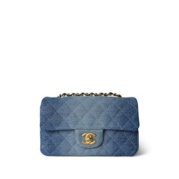 24S Blue Denim Quilted Mini Rectangular Flap Aged Gold Hardware