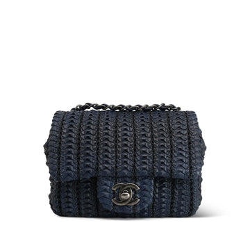 Navy leather Crochet Mini Square Flap Ruthenium Hardware