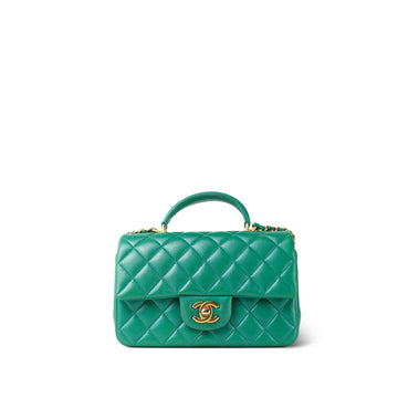 Green leather Quilted Mini Top Handle Aged Gold Hardware