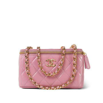 Pink Glazed leather Quilted Small Vanity Case Gold Hardware