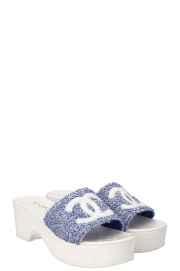 CHANEL CC Platform Mules Tweed Blue White