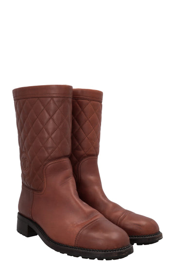 CHANEL Quilted Shearling Ankle Boots Leather Brown