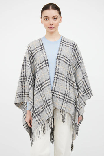 BURBERRY NOVA CHECK WOOL FRINGE CAPE