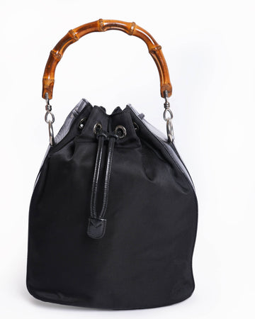 Gucci Vintage Nylon  Leather Bamboo Bucket Bag