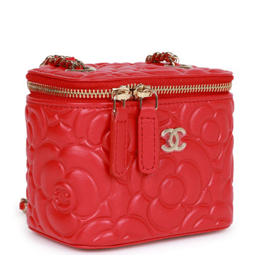 Chanel Camellia Mini Vanity Case Red Leather Light Gold Hardware