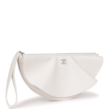 Top Quality Chanel Ruffle Clutch with Wristlet White Leather Light Gold Hardware