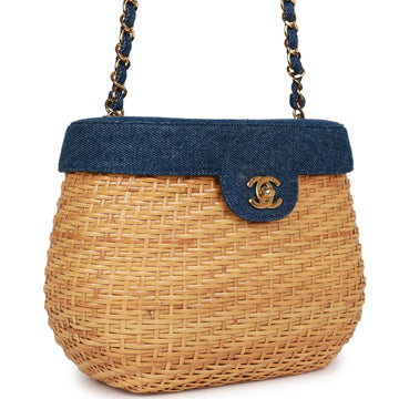 Vintage Top Quality Chanel Basket Bag Leather/denim and Rattan Wicker Gold Hardware