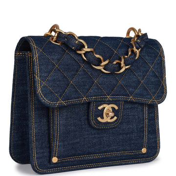 Top Quality Chanel Square Flap Blue Leather/denim Antique Gold Hardware