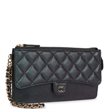 Top Quality Chanel Classic Pouch with Handle Black Iridescent Leather Gold Hardware