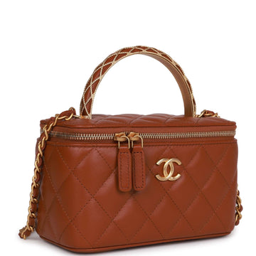 Top Quality Chanel Small Top Handle Vanity Case Brown Leather Brushed Gold Hardware