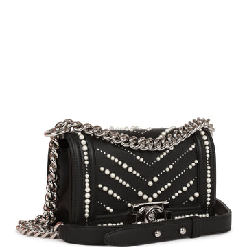 Chanel Small Boy Bag Black Leather and Pearl Silver Hardware
