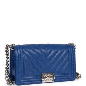 Top Quality Chanel Medium Boy Bag Blue Chevron Leather Silver Hardware
