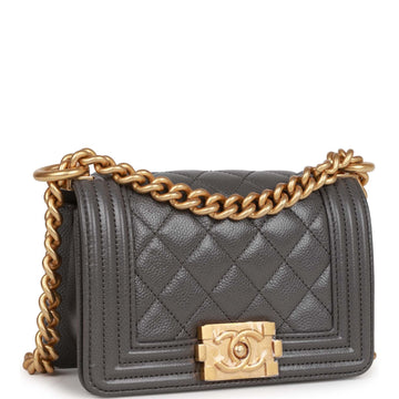 Top Quality Chanel Mini Boy Bag Grey Leather Antique Gold Hardware