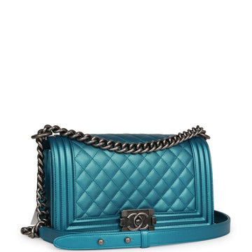 Top Quality Chanel Medium Boy Bag Metallic Blue Leather Ruthenium Hardware