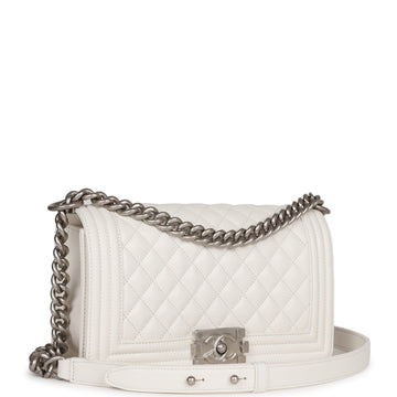 Top Quality Chanel Medium Boy Bag White Leather Aged Silver Hardware