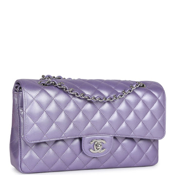 Top Quality Chanel Medium Classic Double Flap Bag Purple Metallic Leather Silver Hardware