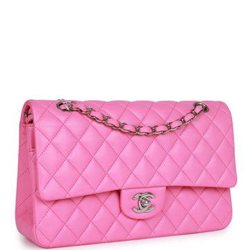 Top Quality Chanel Medium Classic Double Flap Bag Neon Pink Leather Silver Hardware