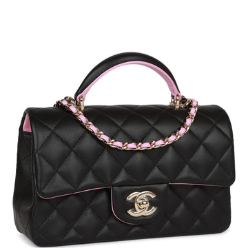 Top Quality Chanel Mini Rectangular Flap Bag with Top Handle Black and Pink Leather Light Gold Hardware