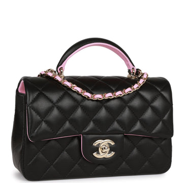 Top Quality Chanel Mini Rectangular Flap with Top Handle Black and Pink Leather Light Gold Hardware