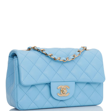 Chanel Mini Rectangular Flap Bag Blue Leather Light Gold Hardware