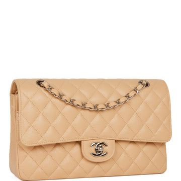 Chanel Medium Classic Double Flap Bag Beige Leather Silver Hardware