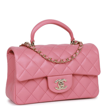 Top Quality Chanel Mini Rectangular Flap with Top Handle Dark Pink Leather Light Gold Hardware