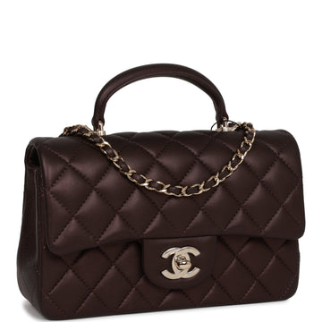Chanel Mini Rectangular Flap Bag with Top Handle Burgundy Leather Light Gold Hardware