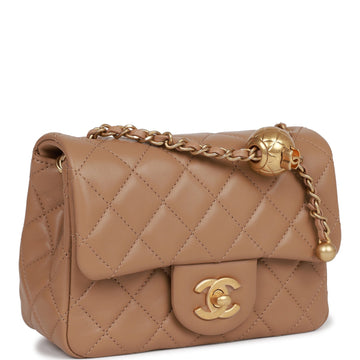 Chanel Pearl Crush Mini Square Flap Bag Beige Leather Antique Gold Hardware