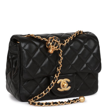 Chanel Pearl Crush Mini Square Flap Bag Black Leather Antique Gold Hardware