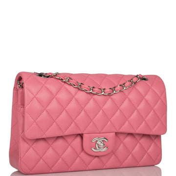 Chanel Medium Classic Double Flap Bag Rose Quilted Leather Silver Hardware