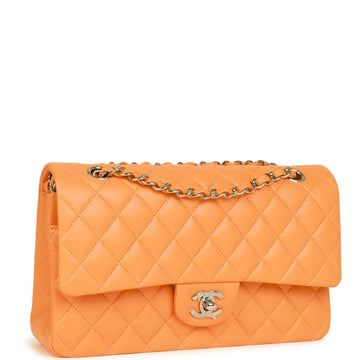 Chanel Medium Classic Double Flap Bag Neon Orange Leather Silver Hardware