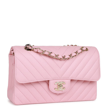 Chanel Small Chevron Classic Double Flap Pink Leather Light Gold Hardware