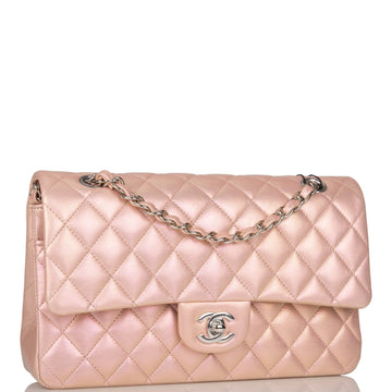 Chanel  Medium Classic Double Flap Bag Pink Iridescent Leather Silver Hardware