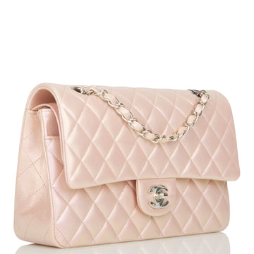 Top Quality Chanel Medium Classic Double Flap Bag Pink Iridescent Leather Silver Hardware