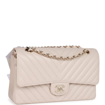 Chanel Medium Classic Double Flap Bag Beige Chevron Leather Light Gold Hardware