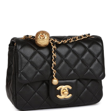 Chanel Pearl Crush Mini Square Flap Bag Black Leather Antique Gold Hardware