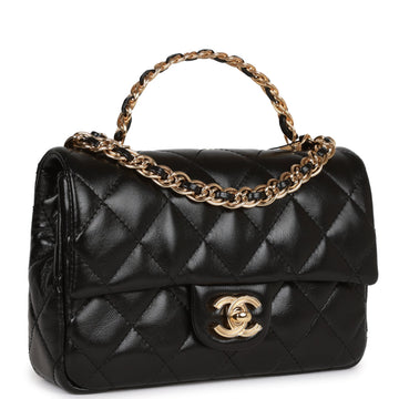 Top Quality Chanel Mini Rectangular Flap with Top Handle Black Leather Gold Hardware