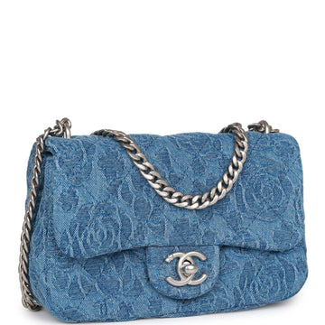 Top Quality Chanel Mini Sweetheart Crush Flap Blue Camellia Leather/denim Silver Hardware