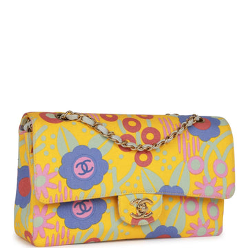 Vintage Top Quality Chanel Medium Classic Double Flap Bag Yellow and Multicolor Floral Print Leather/canvas Gold Hardware