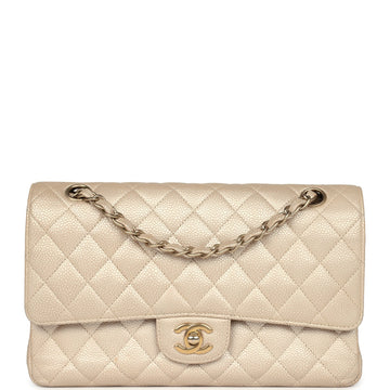 Chanel Medium Classic Double Flap Pearly Beige Caviar Gold Hardware